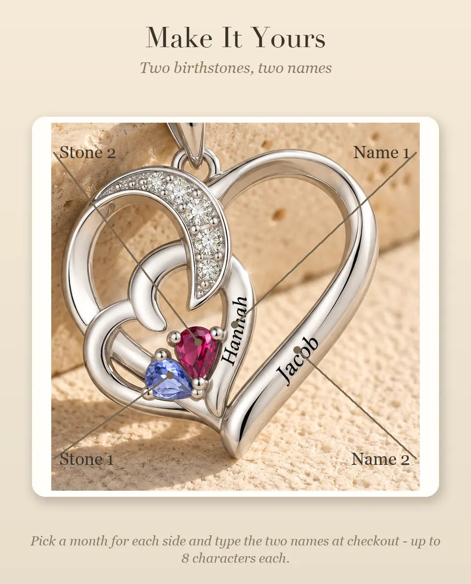 Personalized Birthstone Necklace With 2 Names - Interlocking Heart Pendant With Two Pear Simulated Birthstones, Silver