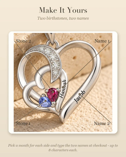 Personalized Birthstone Necklace With 2 Names - Interlocking Heart Pendant With Two Pear Simulated Birthstones, Silver