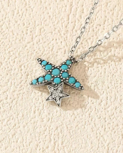 Turquoise Starfish Necklace - Sterling Silver Pendant with Pave Star Charm, 40 + 5 cm Adjustable Chain