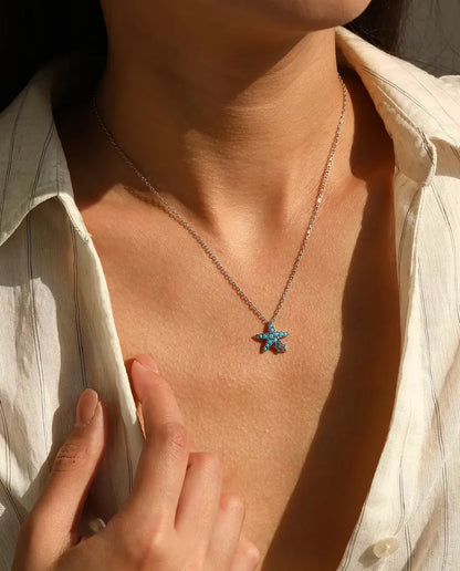 Turquoise Starfish Necklace - Sterling Silver Pendant with Pave Star Charm, 40 + 5 cm Adjustable Chain