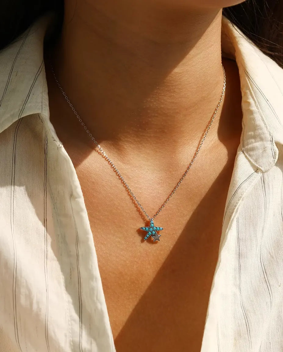 Turquoise Starfish Necklace - Sterling Silver Pendant with Pave Star Charm, 40 + 5 cm Adjustable Chain
