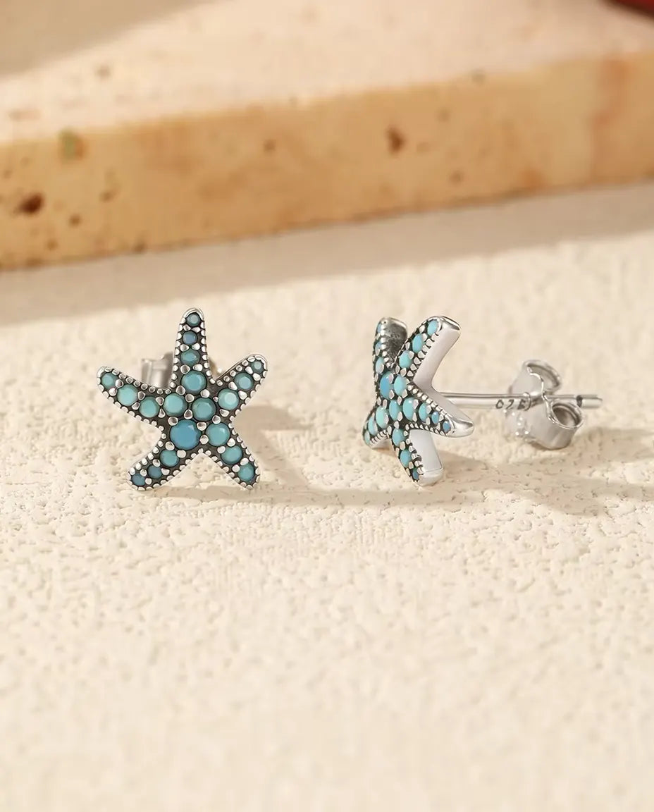 Turquoise Starfish Stud Earrings - Pave Set Turquoise Blue Stones on 10 mm Oxidized 925 Sterling Silver