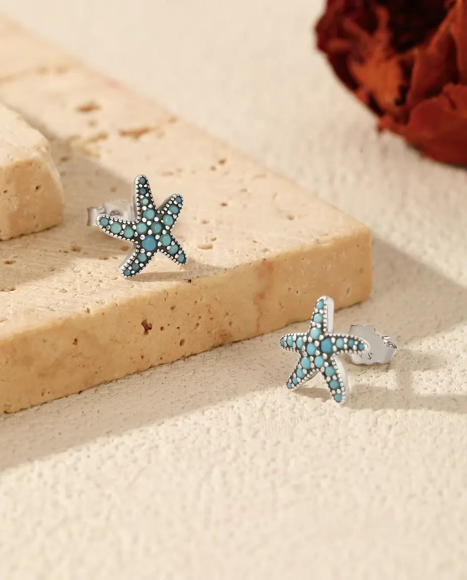 Turquoise Starfish Stud Earrings - Pave Set Turquoise Blue Stones on 10 mm Oxidized 925 Sterling Silver