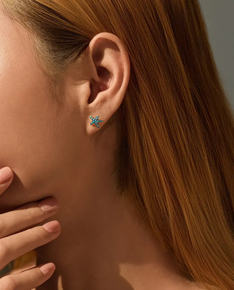 Turquoise Starfish Stud Earrings - Pave Set Turquoise Blue Stones on 10 mm Oxidized 925 Sterling Silver