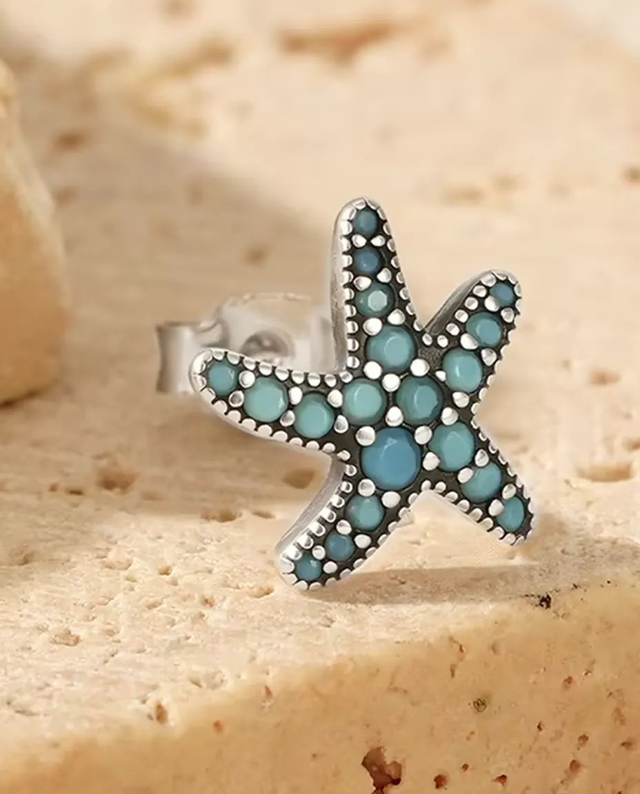 Turquoise Starfish Stud Earrings - Pave Set Turquoise Blue Stones on 10 mm Oxidized 925 Sterling Silver
