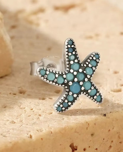 Turquoise Starfish Stud Earrings - Pave Set Turquoise Blue Stones on 10 mm Oxidized 925 Sterling Silver