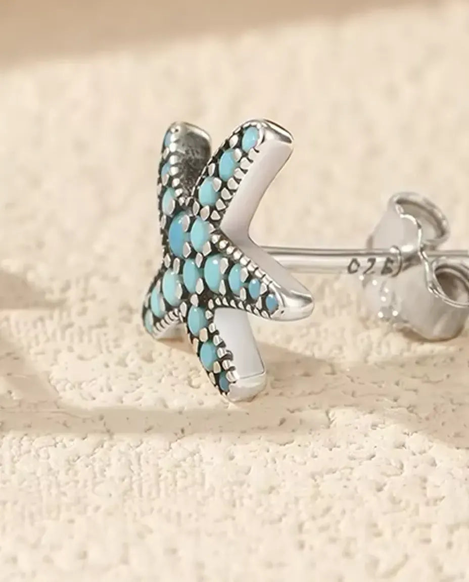 Turquoise Starfish Stud Earrings - Pave Set Turquoise Blue Stones on 10 mm Oxidized 925 Sterling Silver