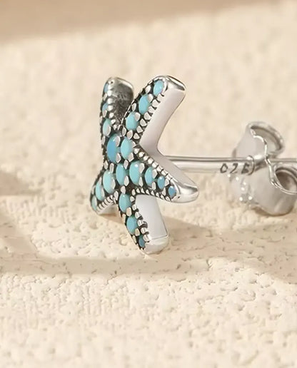 Turquoise Starfish Stud Earrings - Pave Set Turquoise Blue Stones on 10 mm Oxidized 925 Sterling Silver