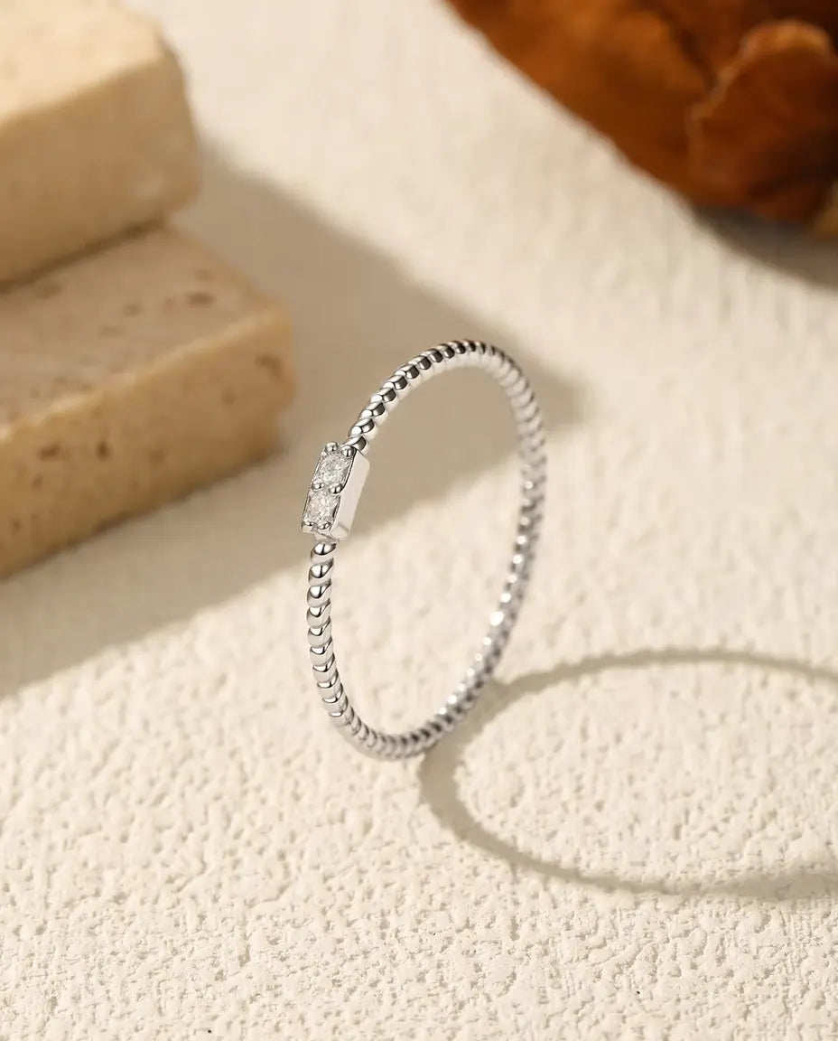 Twisted Rope Moissanite Ring - Two D Color VVS1 Stones in a 4 mm Bar, 925 Sterling Silver, Sizes 5 to 9