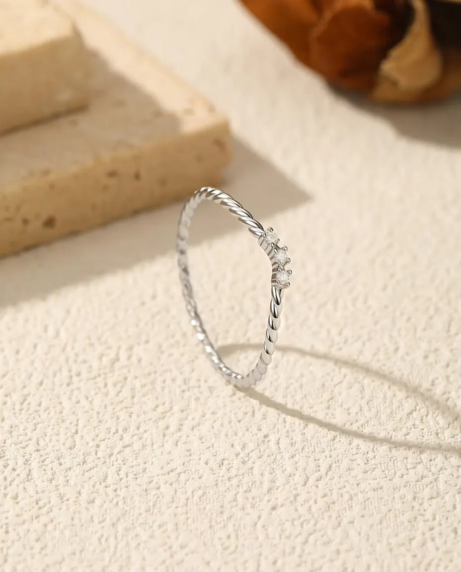 Twisted Rope Moissanite Ring - Three D Color Stones on a 1 mm Braided Band in 925 Sterling Silver, Sizes 5-9
