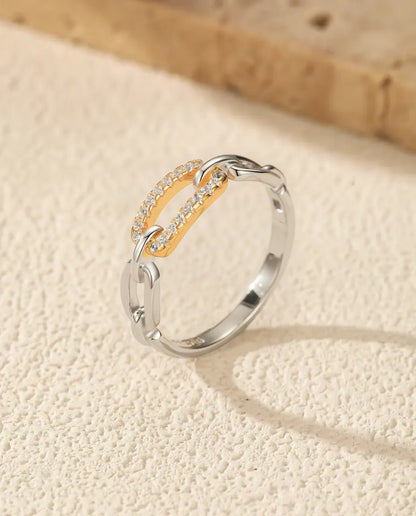 Two Tone Chain Link Ring - Gold Tone Pave Bar Between Silver Links, Sizes 5 to 9, 925 Sterling Silver
