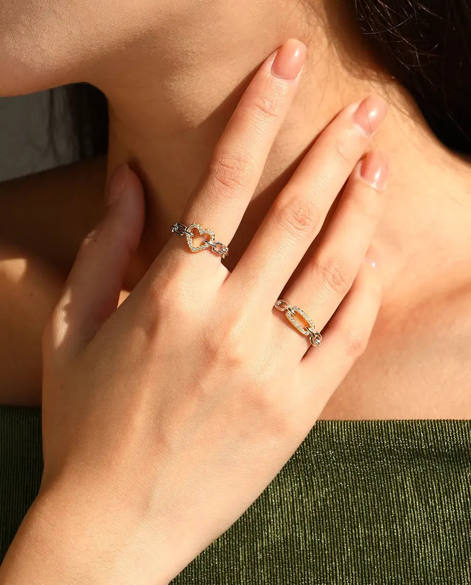 Two Tone Chain Link Ring - Gold Tone Pave Bar Between Silver Links, Sizes 5 to 9, 925 Sterling Silver