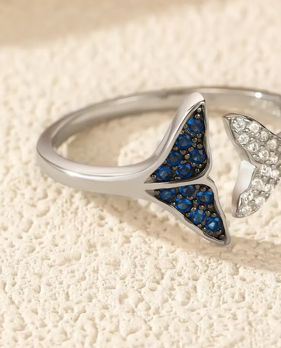 Whale Tail Ring - Blue and White Stone Open Adjustable Band, 925 Sterling Silver, Fits US Sizes 6 to 9