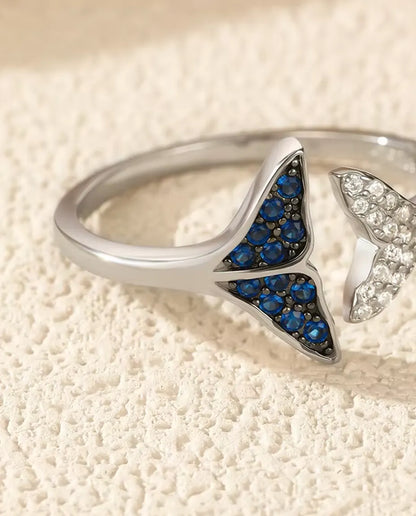 Whale Tail Ring - Blue and White Stone Open Adjustable Band, 925 Sterling Silver, Fits US Sizes 6 to 9