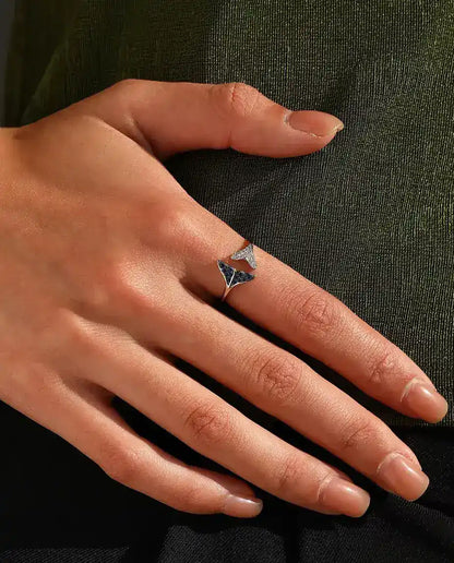 Whale Tail Ring - Blue and White Stone Open Adjustable Band, 925 Sterling Silver, Fits US Sizes 6 to 9