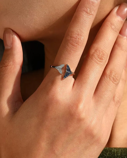 Whale Tail Ring - Blue and White Stone Open Adjustable Band, 925 Sterling Silver, Fits US Sizes 6 to 9