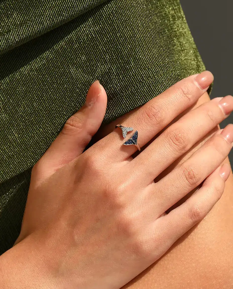 Whale Tail Ring - Blue and White Stone Open Adjustable Band, 925 Sterling Silver, Fits US Sizes 6 to 9