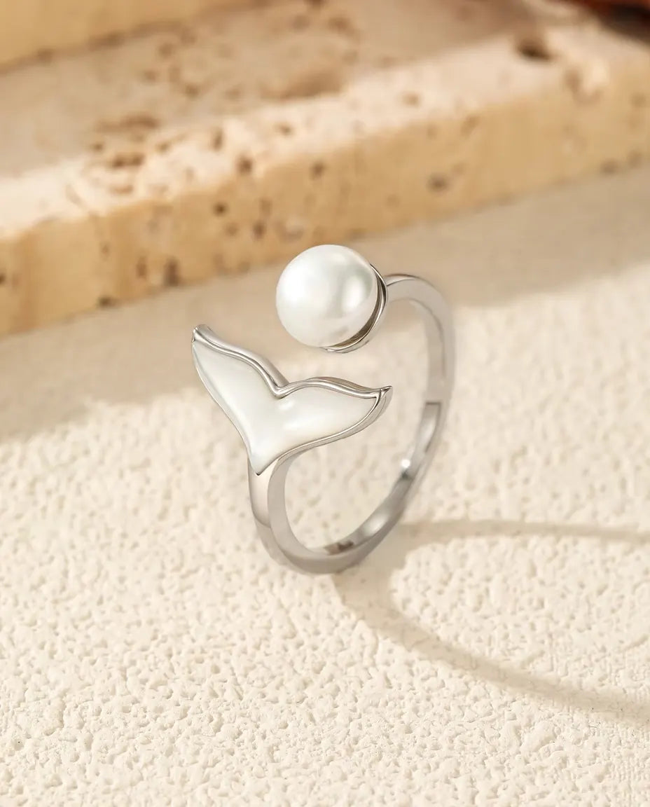 Whale Tail Open Ring - Pearl White Bead and White Inlay Tail on an Adjustable Band, 925 Sterling Silver