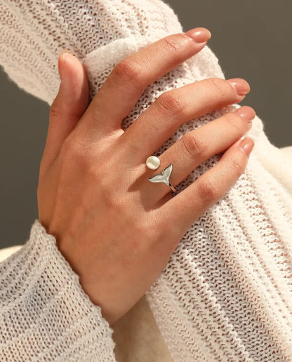 Whale Tail Open Ring - Pearl White Bead and White Inlay Tail on an Adjustable Band, 925 Sterling Silver