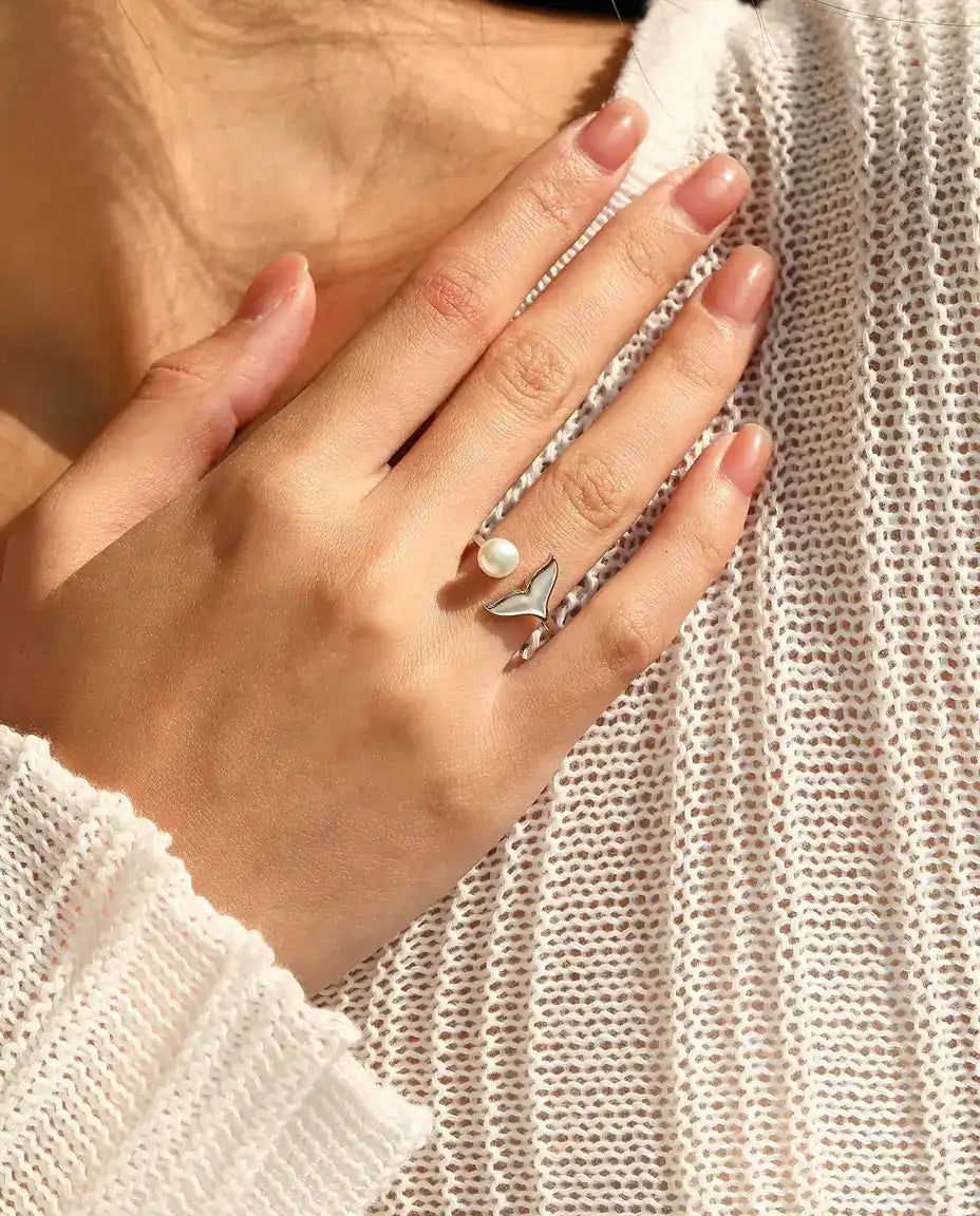 Whale Tail Open Ring - Pearl White Bead and White Inlay Tail on an Adjustable Band, 925 Sterling Silver