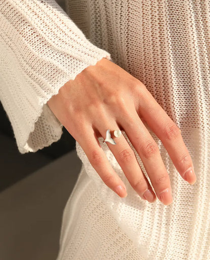 Whale Tail Open Ring - Pearl White Bead and White Inlay Tail on an Adjustable Band, 925 Sterling Silver