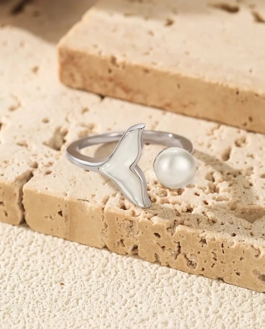 Whale Tail Open Ring - Pearl White Bead and White Inlay Tail on an Adjustable Band, 925 Sterling Silver
