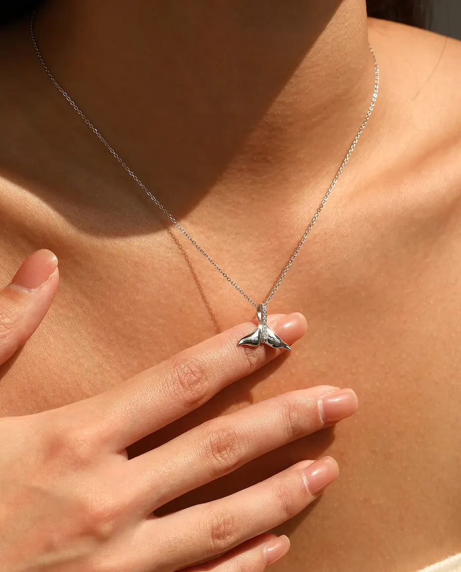 Whale Tail Pendant Necklace - Polished Silver Tail with Pave Set Bail, 925 Sterling Silver, 40 + 5 cm Chain