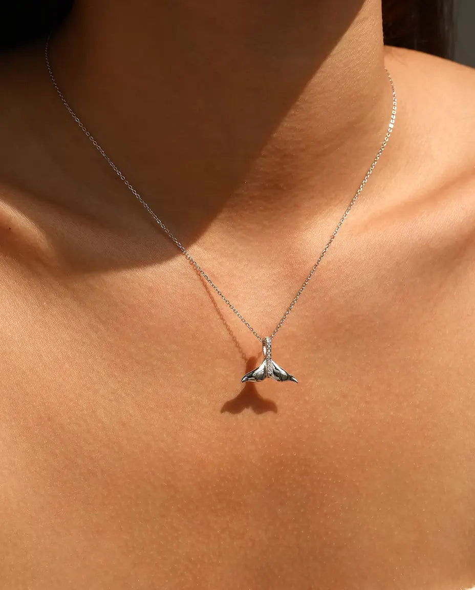 Whale Tail Pendant Necklace - Polished Silver Tail with Pave Set Bail, 925 Sterling Silver, 40 + 5 cm Chain