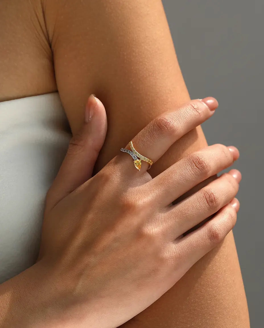 Yellow Pear Cut Bypass Ring - Two Tone Wave Band with Clear and Yellow Pave, Sizes 5 to 9, 925 Sterling Silver