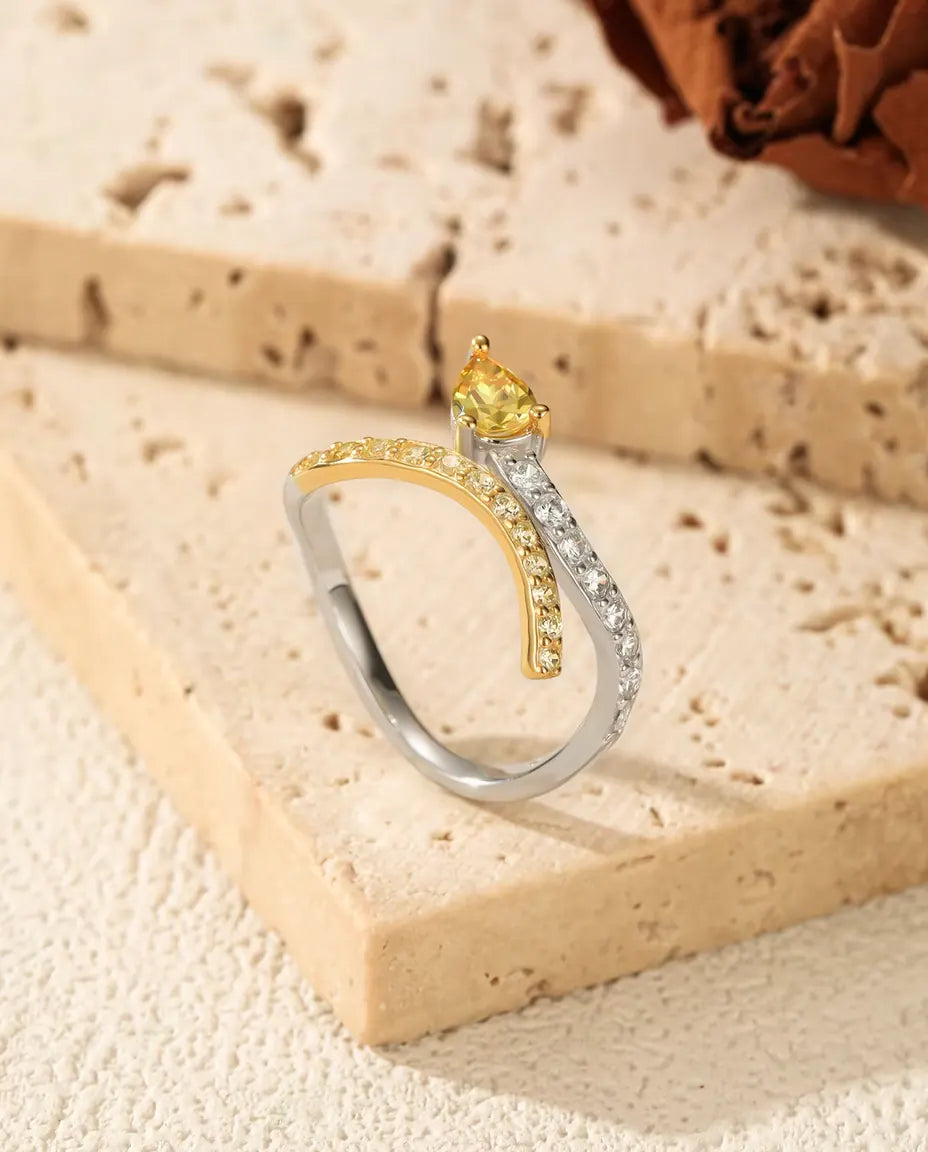 Yellow Pear Cut Bypass Ring - Two Tone Wave Band with Clear and Yellow Pave, Sizes 5 to 9, 925 Sterling Silver
